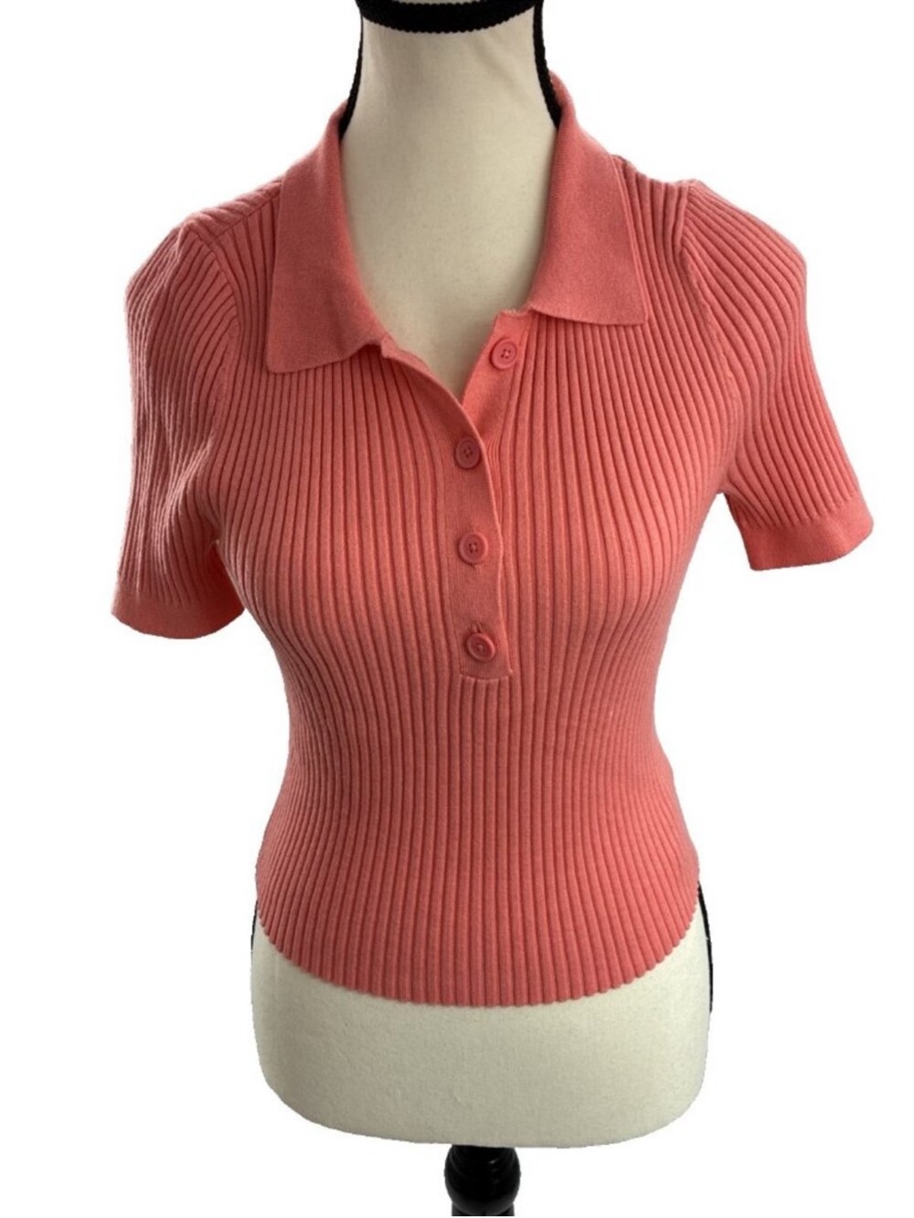 Aerie Ribbed Polo Short-Sleeve Top - Coral Pink Size Medium